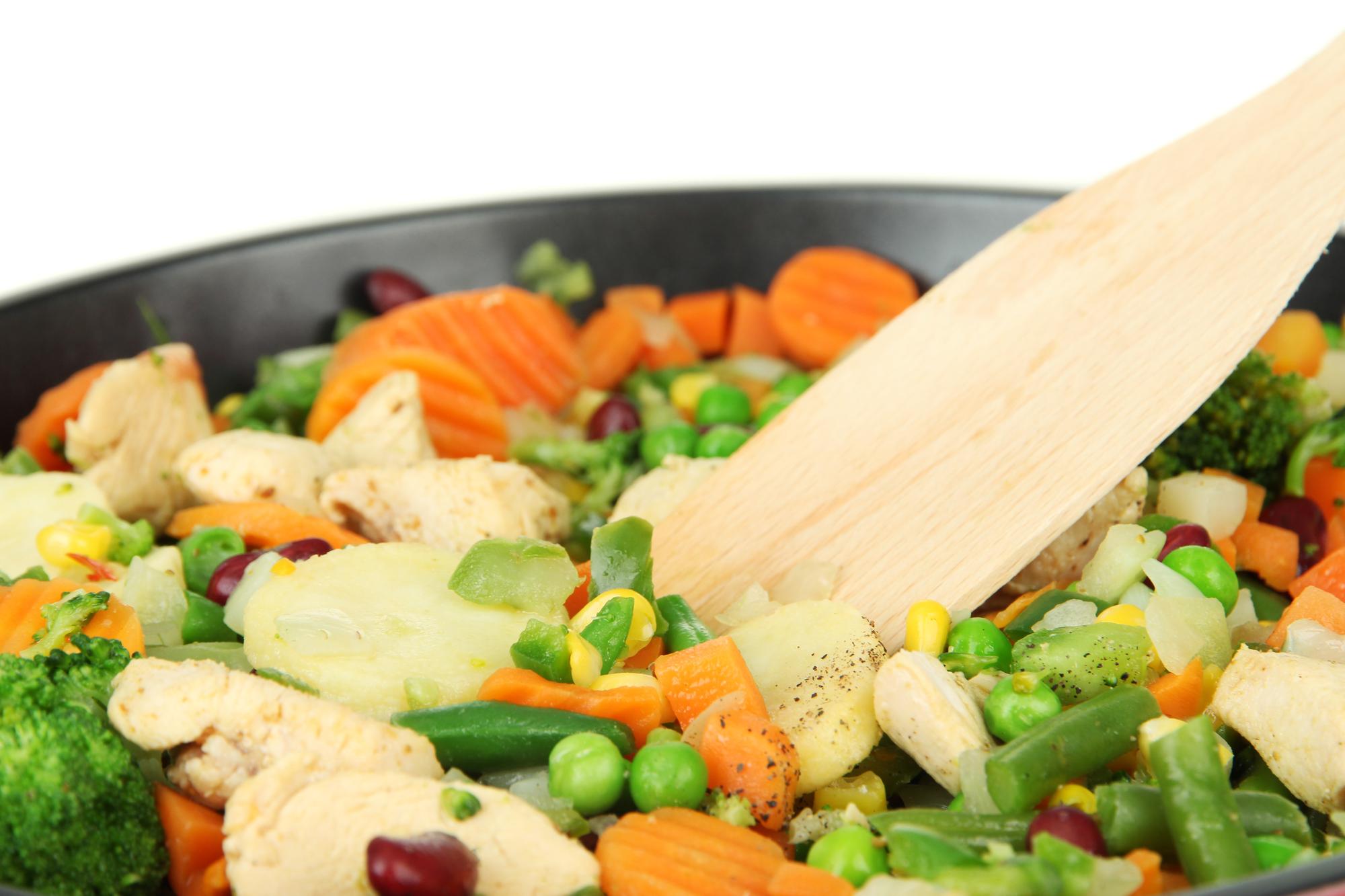 close-up of sautée pan with vegetables